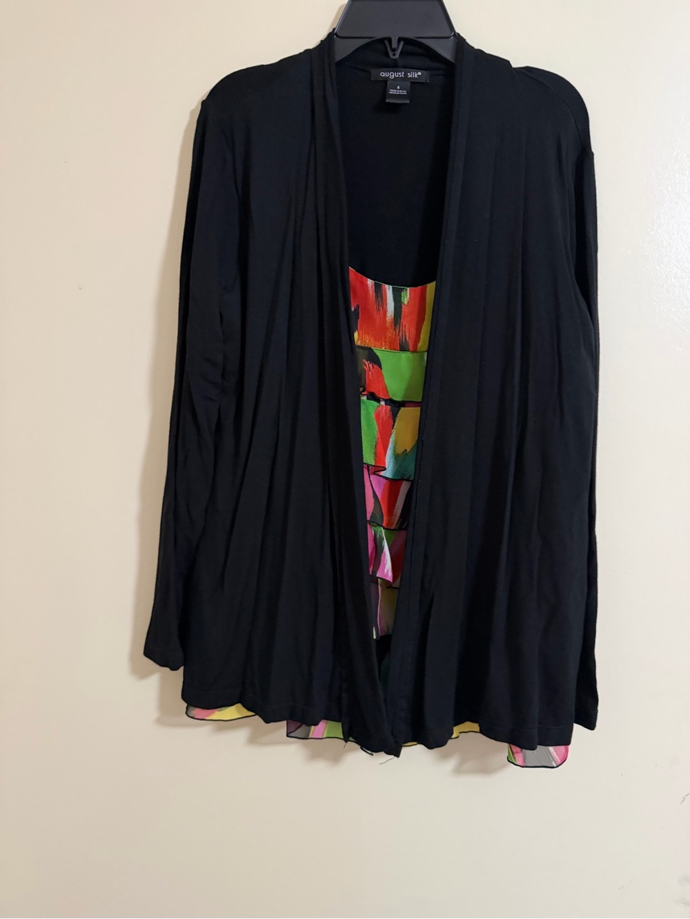 August Silk Cardigan With Attached Ruffled Layered Camisole Black Open Size S